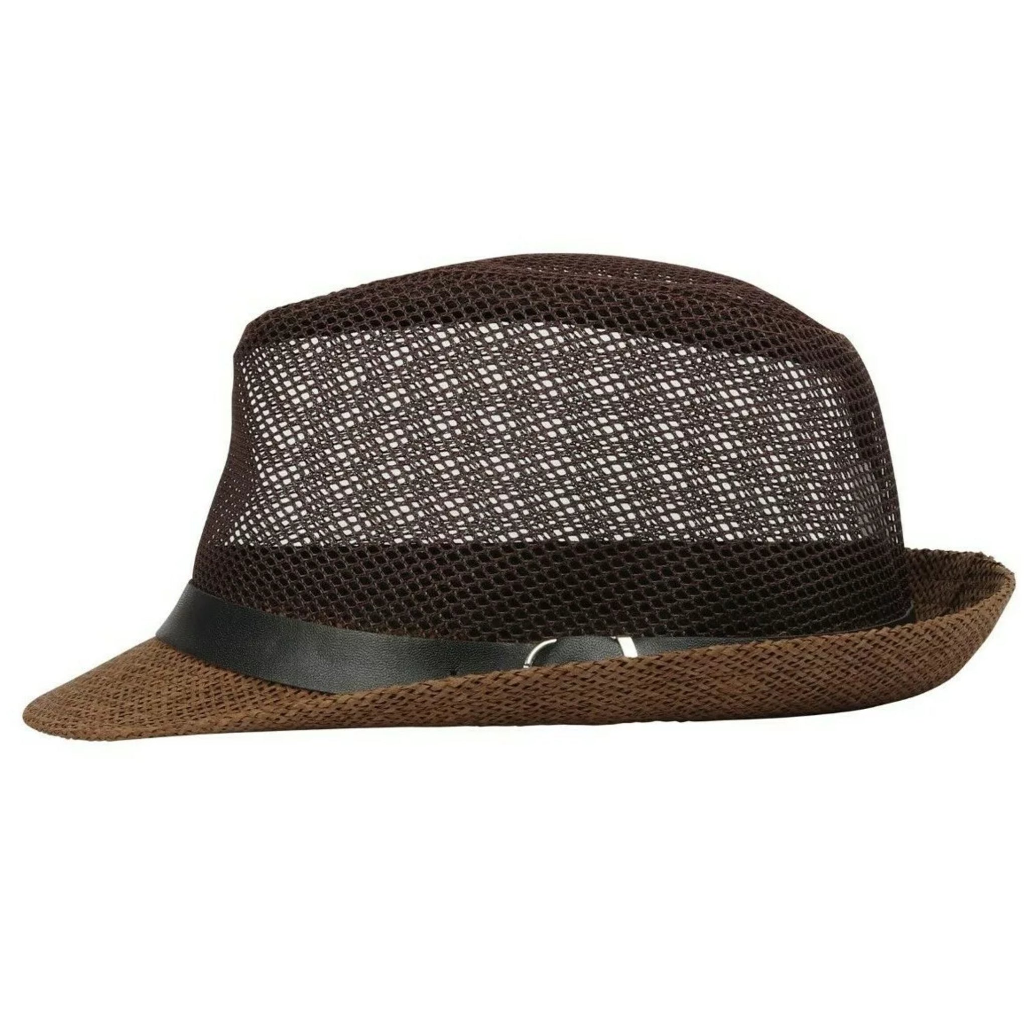 Unisex brown straw trilby hat with breathable mesh upper and black band – men's and ladies lightweight summer sun hat for holidays and festivals